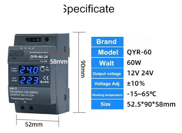 CHUX Din Rail Type Digital Display Switching 60W 12V 24V