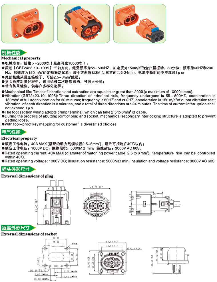 2 pole 2.5~6 square plastic high voltage interlocking shielded connector