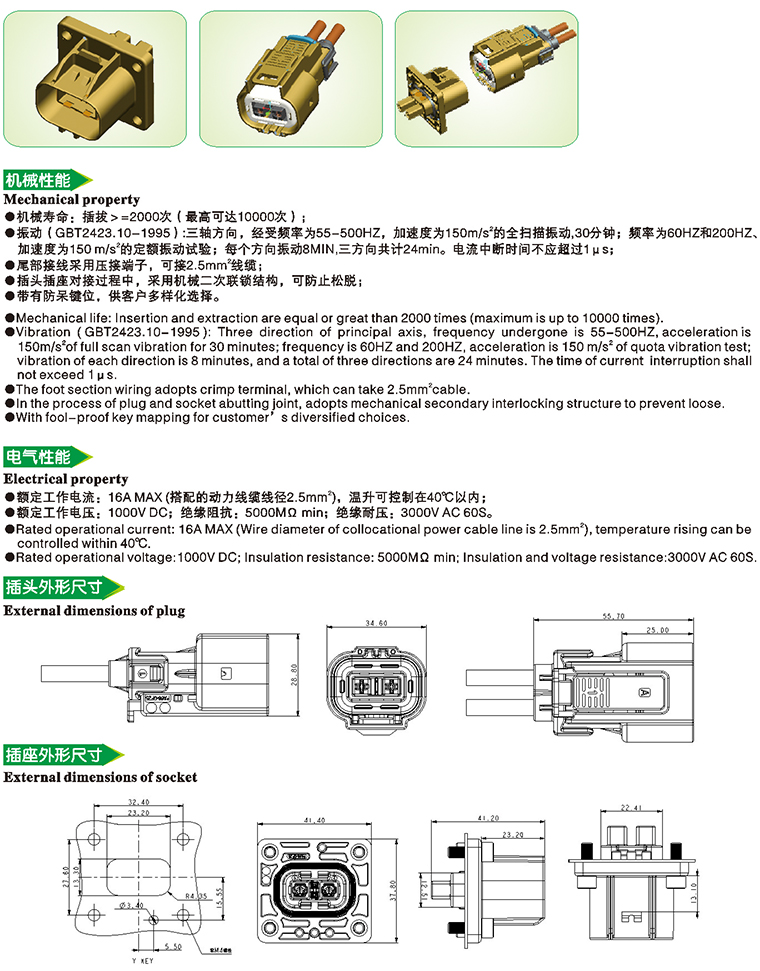 2 pole 2.5 square plastic high voltage interlocking shielded connector