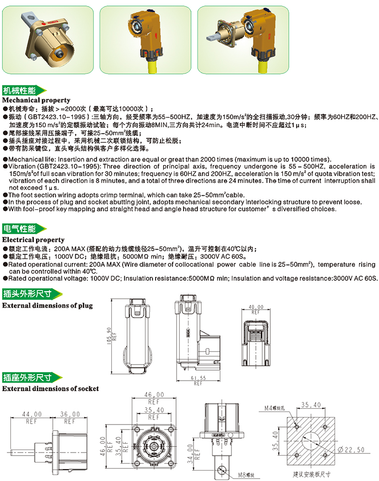 1 pole 25~50 square plastic high voltage interlocking shielded connector